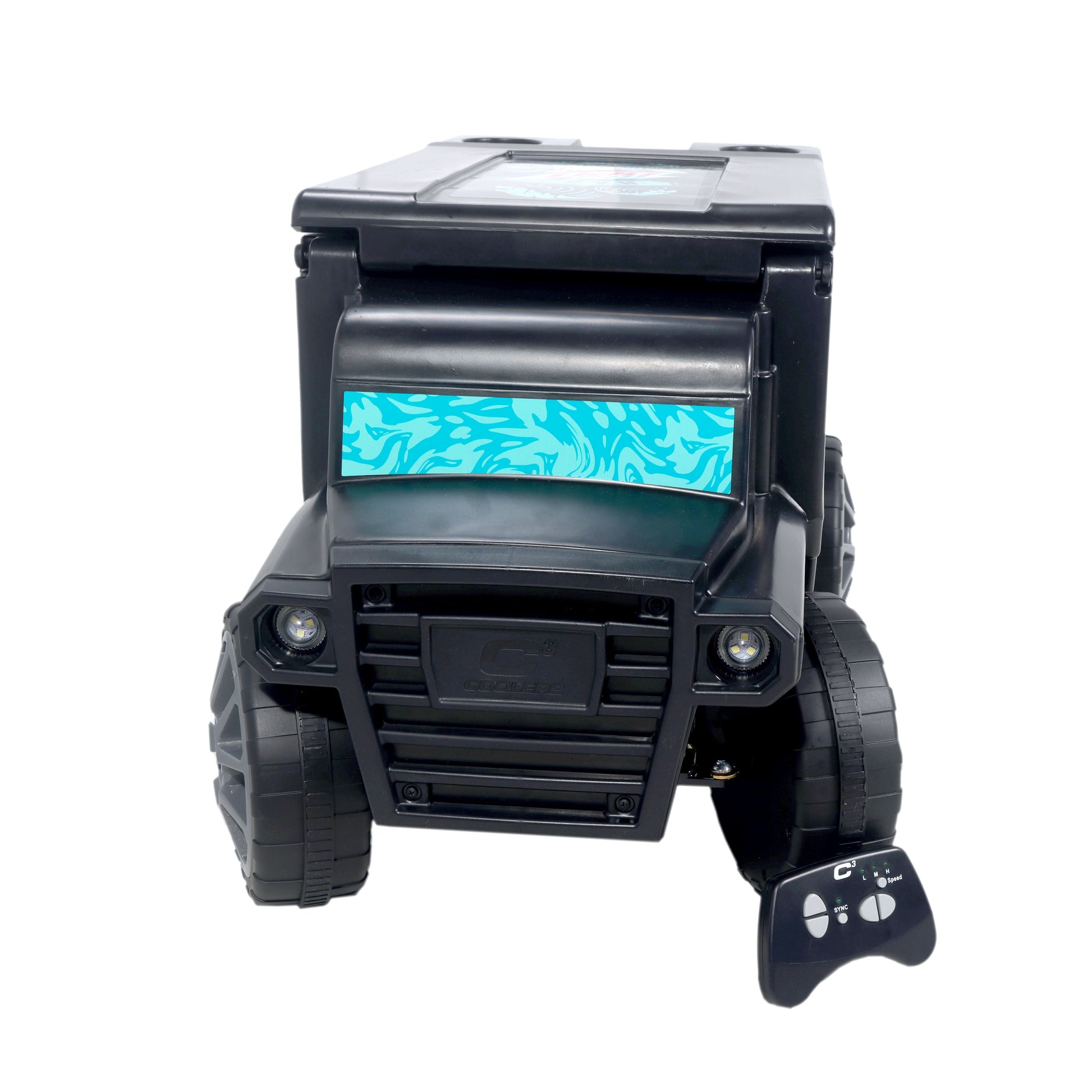 Front view of the remote control cooler shaped like an armored truck, highlighting the teal and light teal water pattern design on the front window.