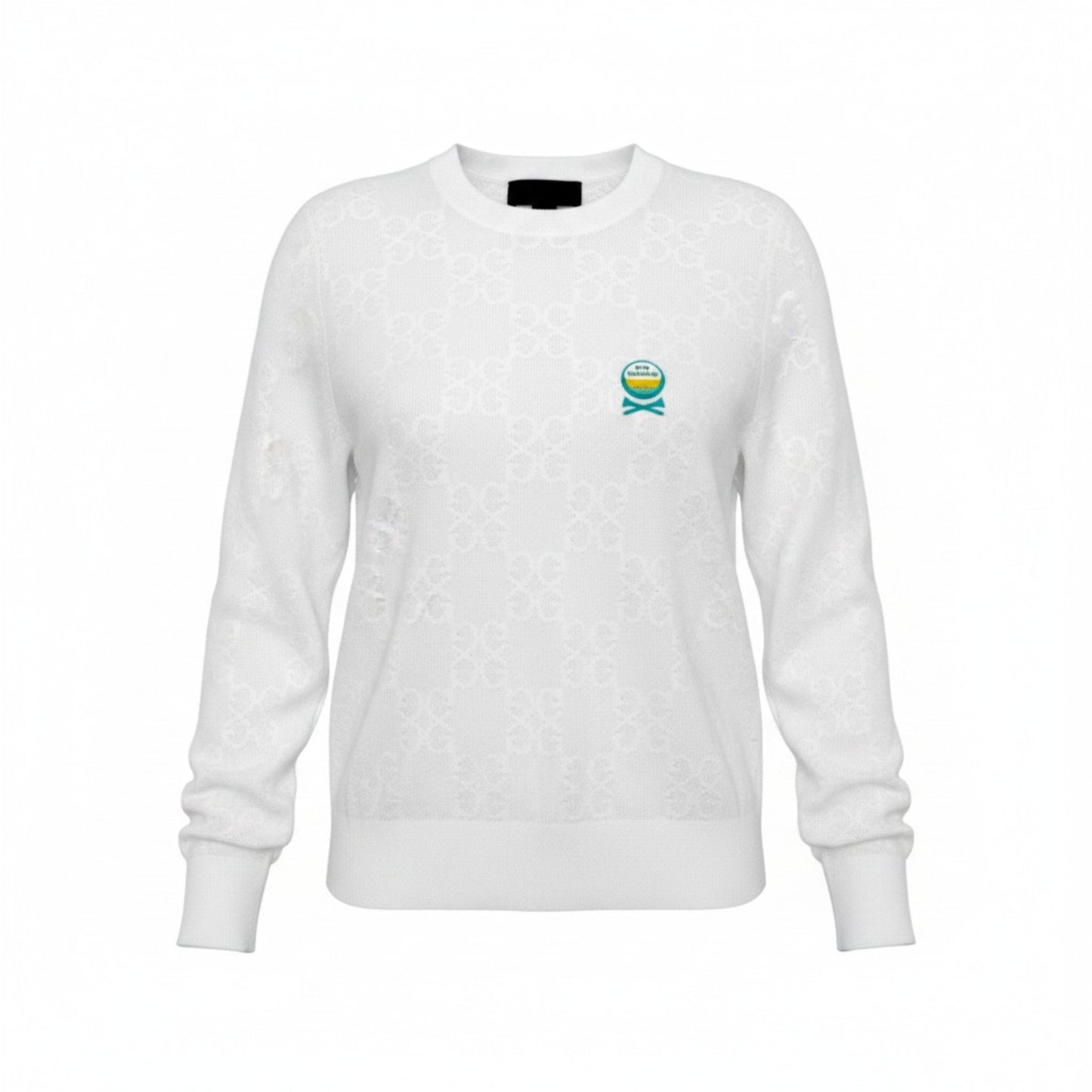 Front view of GFORE x Sun Cruiser white pointelle sweatshirt featuring an allover Circle G textured knit pattern and small Sun Cruiser logo graphic on the chest