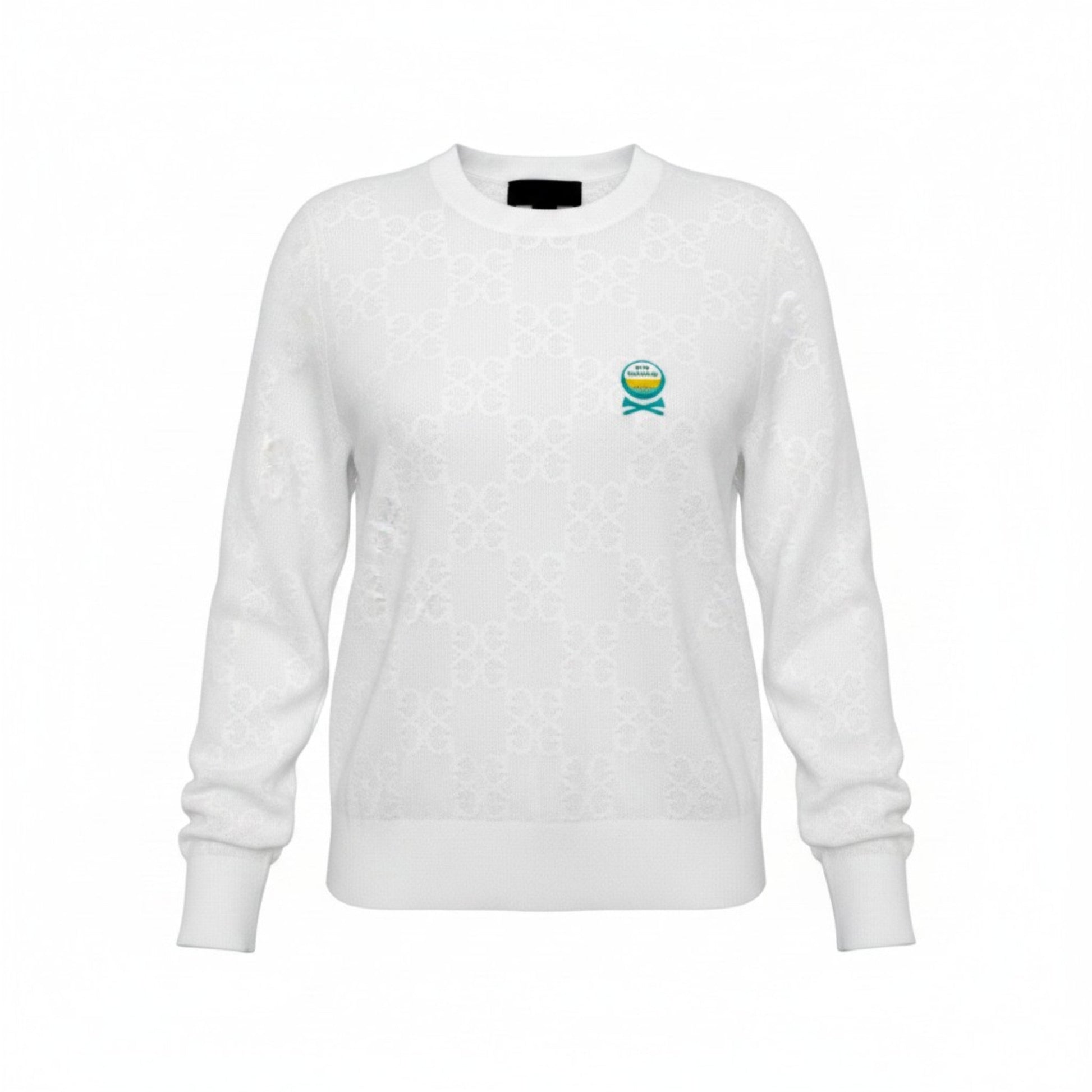 Front view of GFORE x Sun Cruiser white pointelle sweatshirt featuring an allover Circle G textured knit pattern and small Sun Cruiser logo graphic on the chest