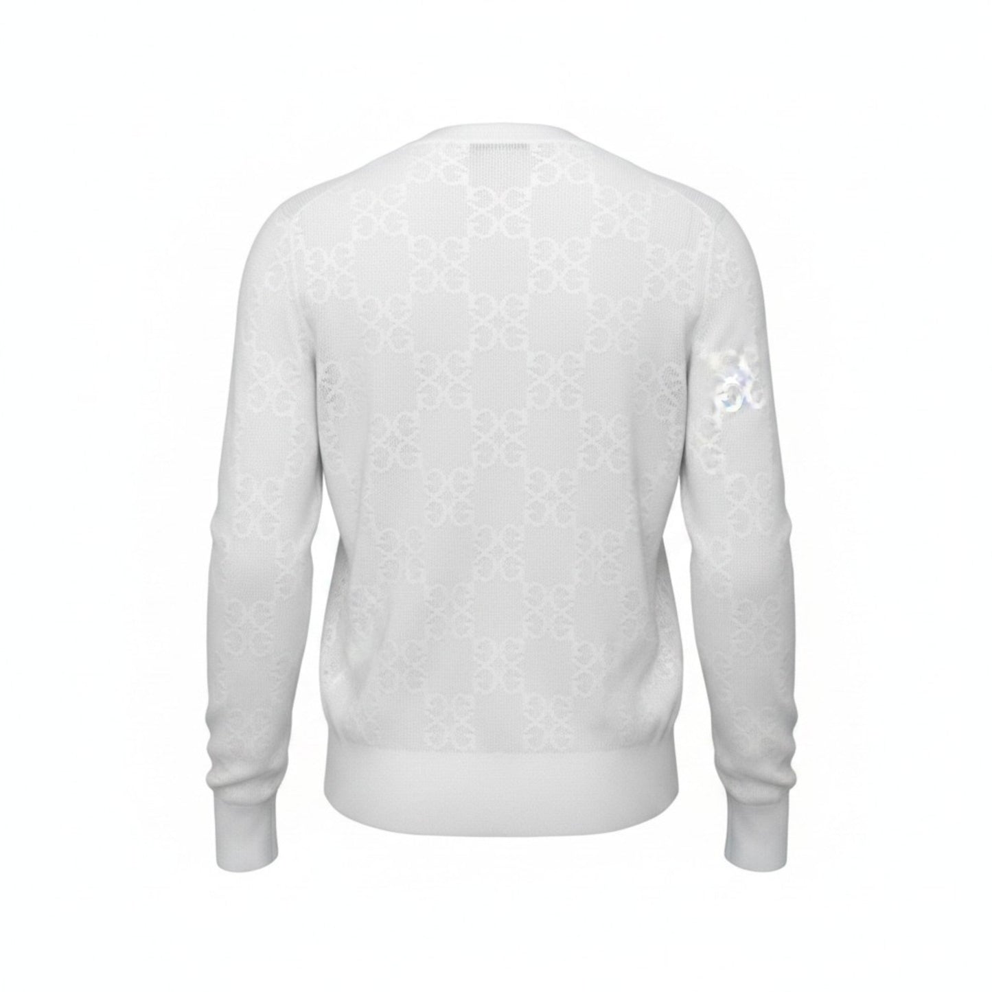 Back view of GFORE x Sun Cruiser white pointelle knit sweatshirt with Circle G logo textured pattern and ribbed cuffs and hem