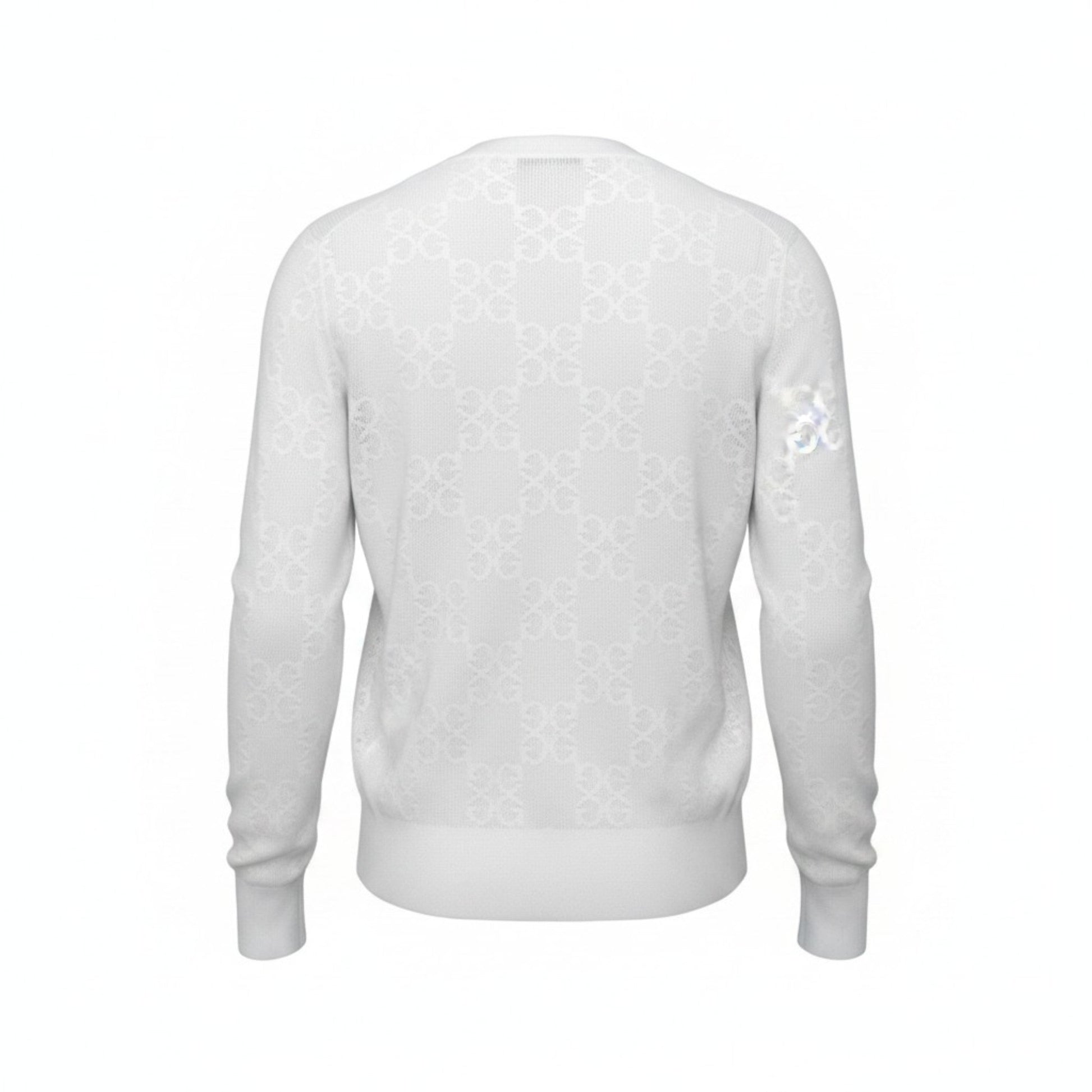 Back view of GFORE x Sun Cruiser white pointelle knit sweatshirt with Circle G logo textured pattern and ribbed cuffs and hem
