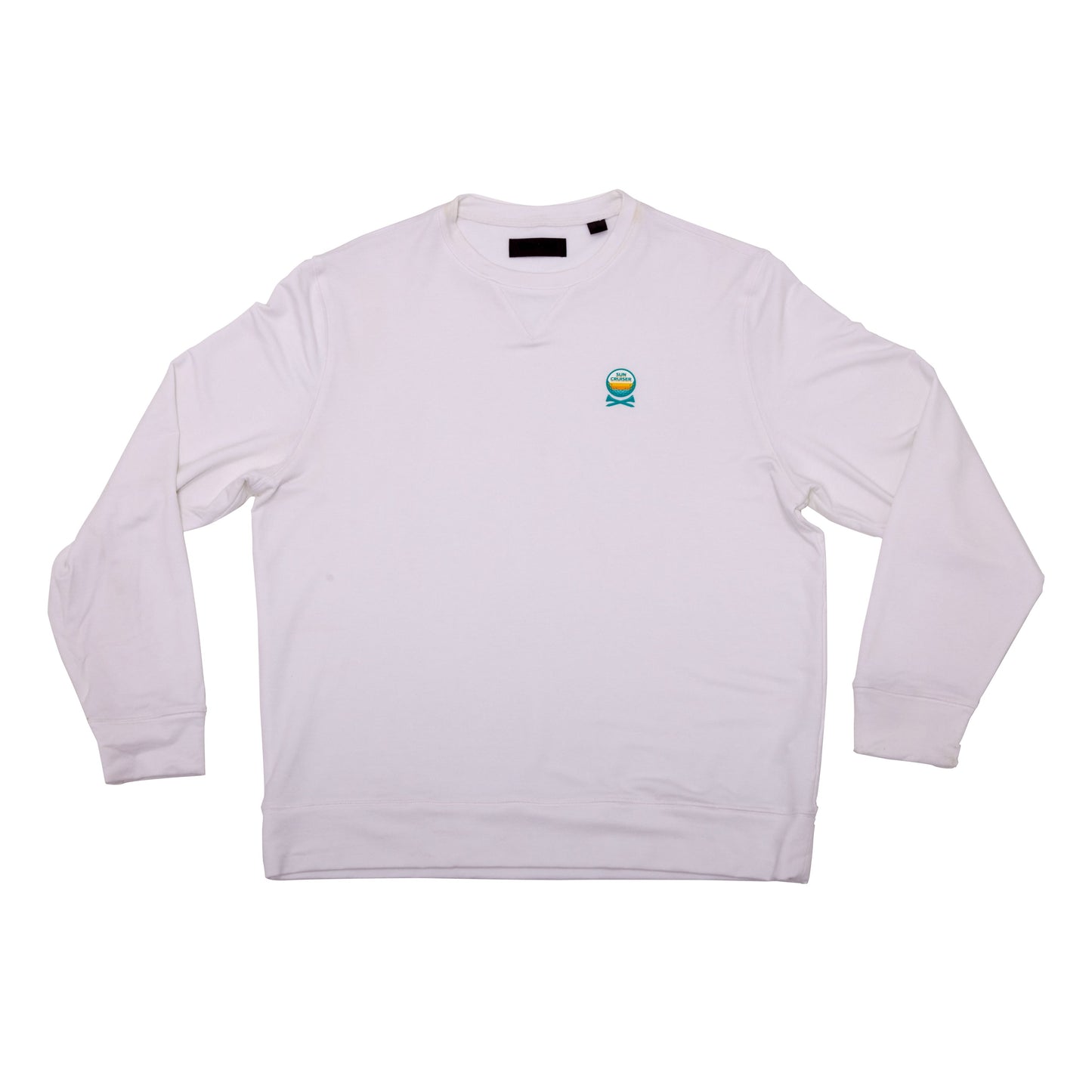 Front view of Sun Cruiser x GFORE white lightweight terry crewneck sweatshirt with ribbed collar, cuffs, and hem, featuring a Sun Cruiser logo on the chest.