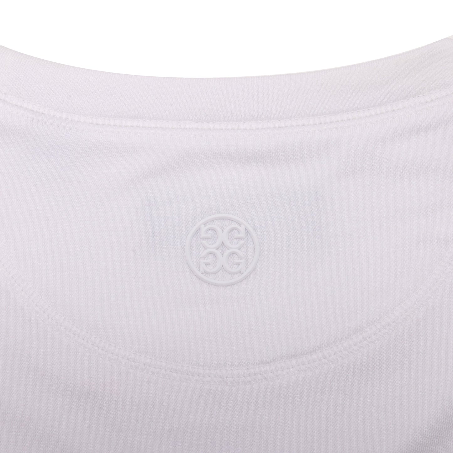 Close-up of the back neckline of Sun Cruiser x GFORE white lightweight terry crewneck showing soft fabric texture and tonal embossed Circle G 