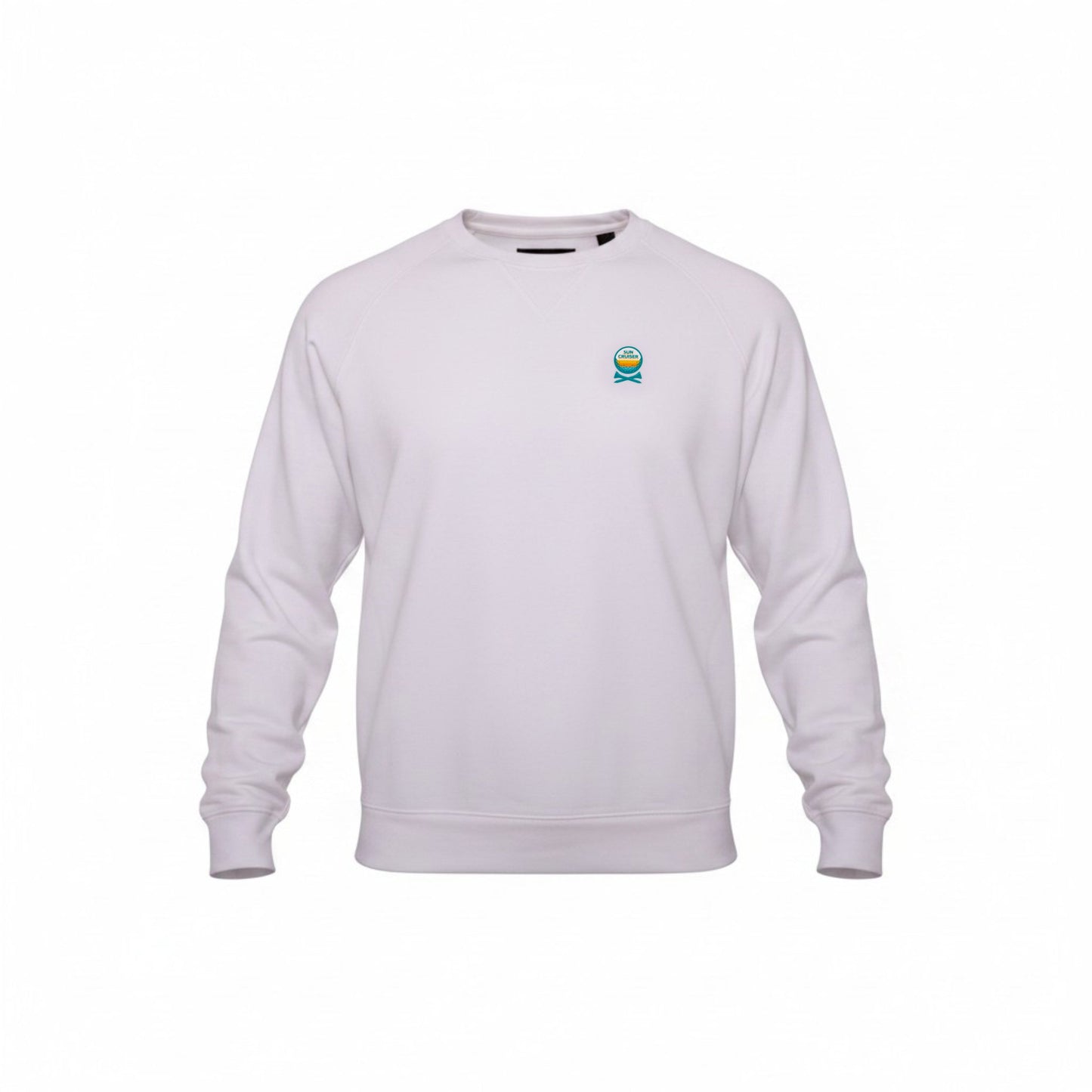 Front view of Sun Cruiser x GFORE white lightweight terry crewneck sweatshirt with ribbed collar, cuffs, and hem, featuring a Sun Cruiser logo on the chest.