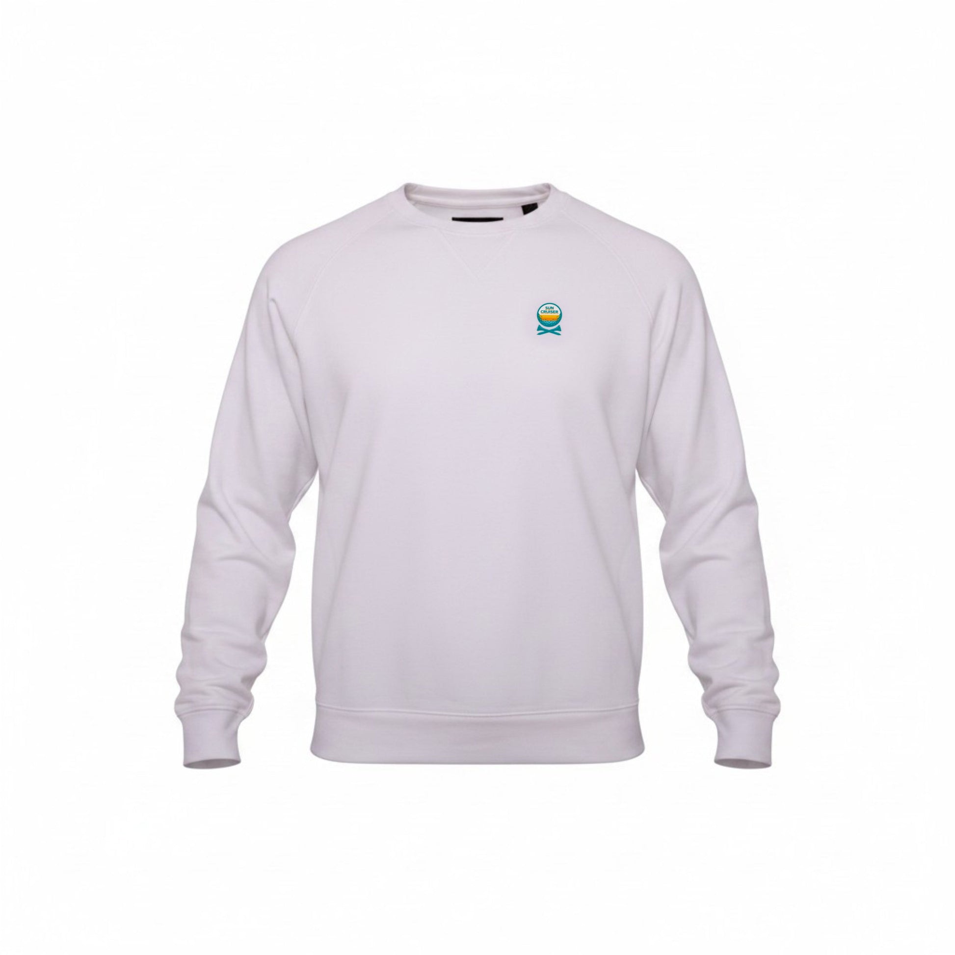 Front view of Sun Cruiser x GFORE white lightweight terry crewneck sweatshirt with ribbed collar, cuffs, and hem, featuring a Sun Cruiser logo on the chest.