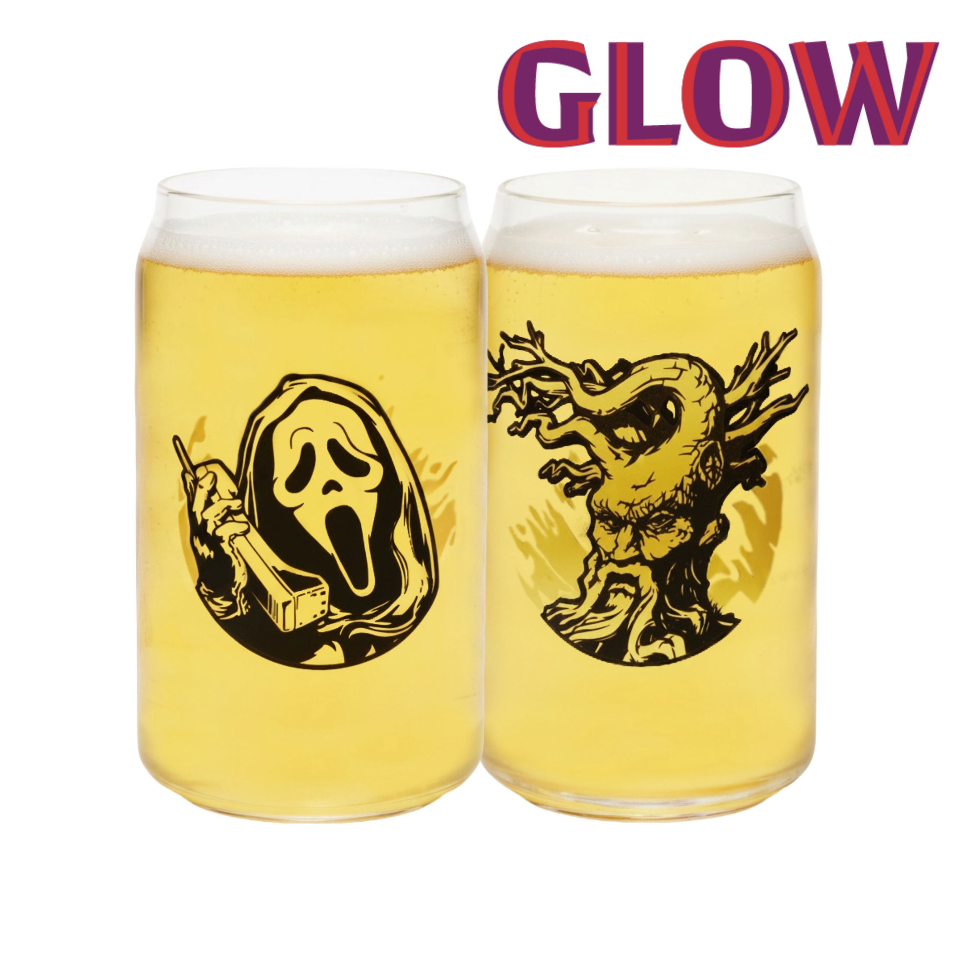 Two clear glass can-shaped tumblers filled with yellow liquid, each printed with a black horror-themed graphic. The left tumbler shows the Ghostface face, and the right tumbler shows a monstrous tree-like figure.