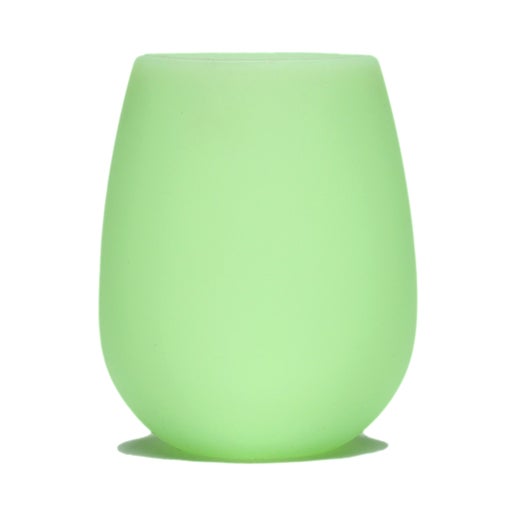 This glow in the dark glass has the writing "Angry Orchard Hard Cider" on the front.