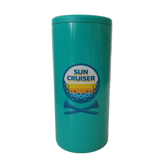 Turquoise hard sided can insulator with the Sun Cruiser golf ball logo and blue crossed golf tees. 