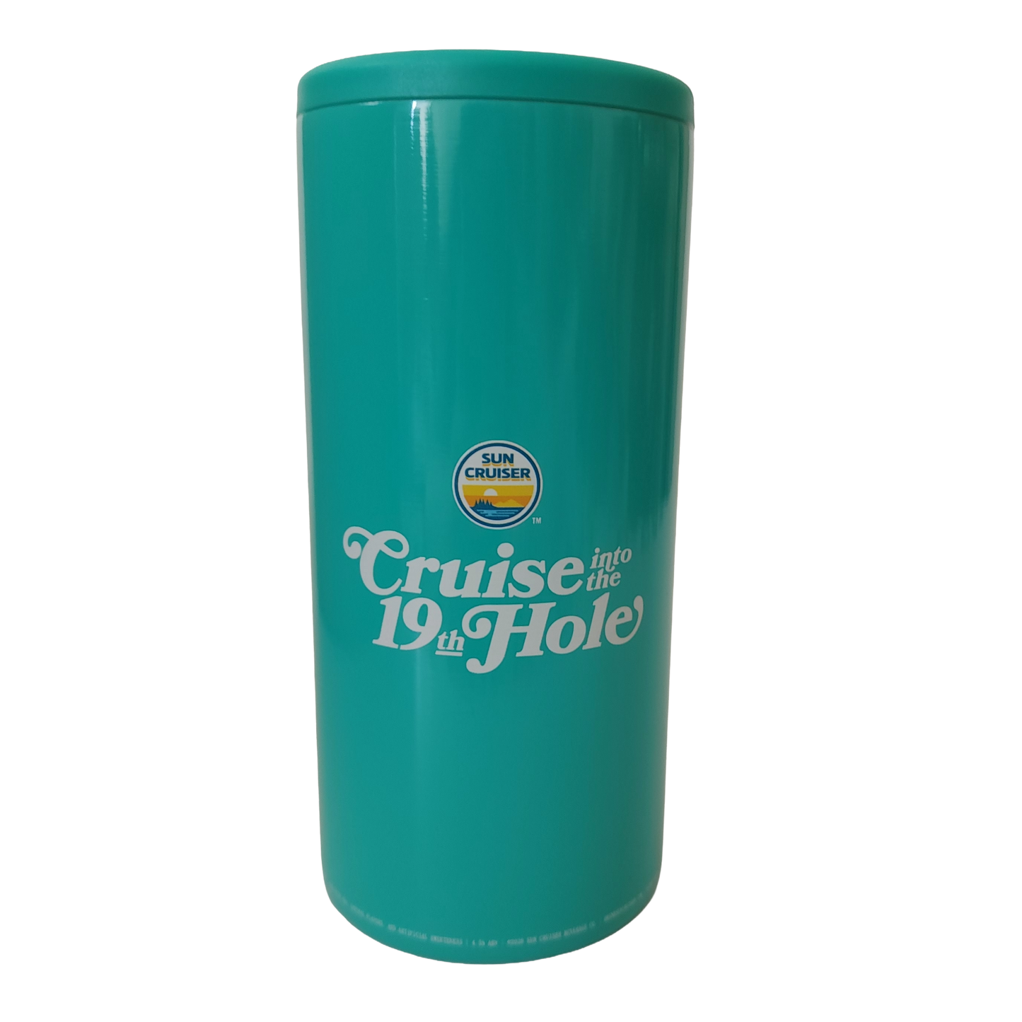 Turquoise hard sided can insulator with the Sun Cruiser logo and white text Cruise into the 19th hole.  