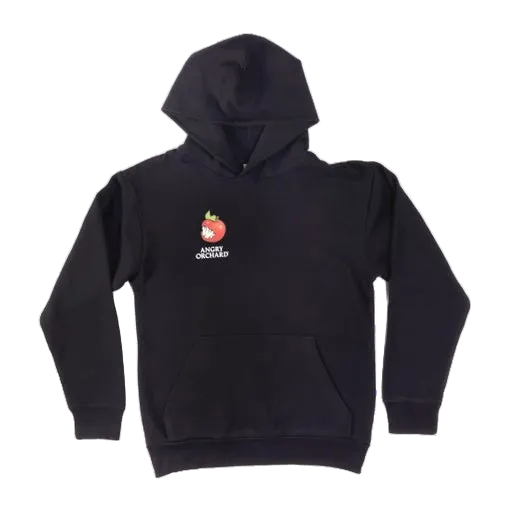 Black hoodie with red bitten apple and writing "Angry Orchard" under it on the right side of chest. 