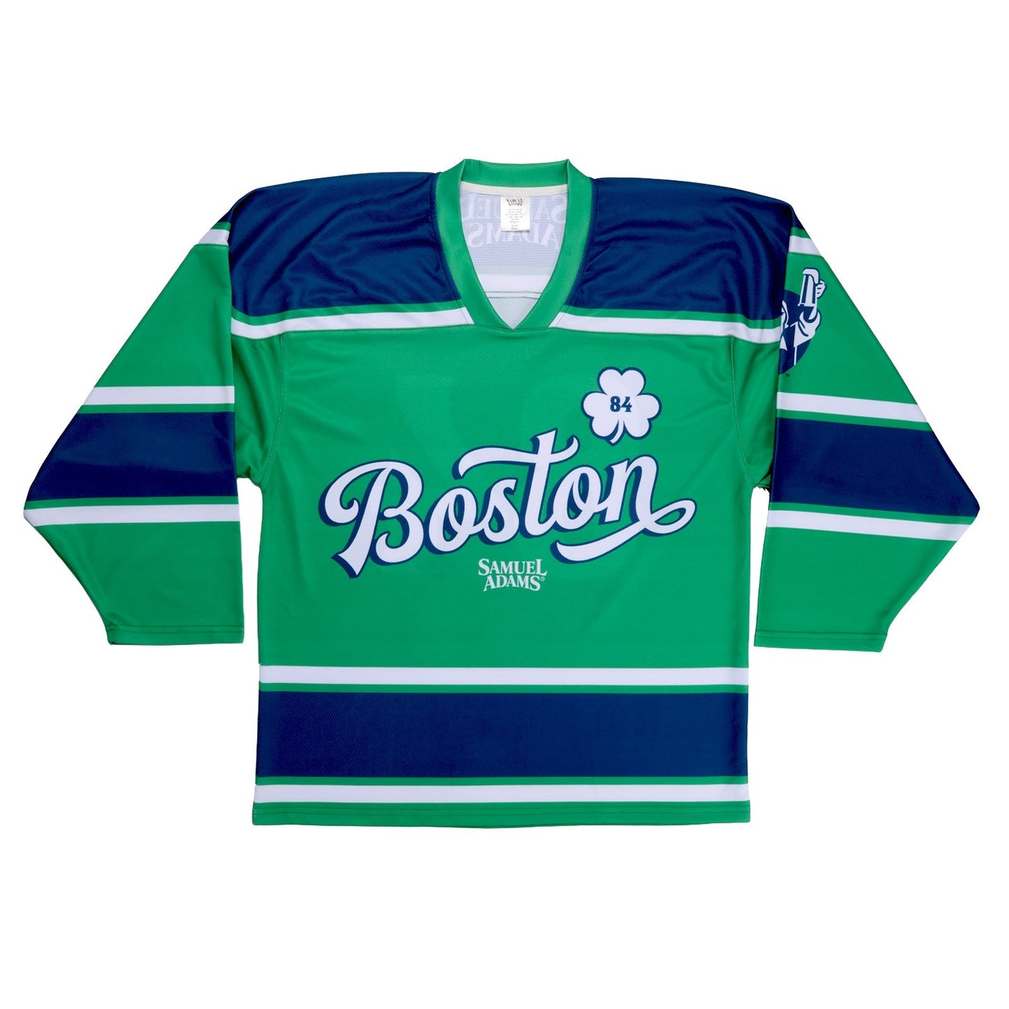 Green and navy hockey jersey with Boston text and shamrock with number eighty four inside