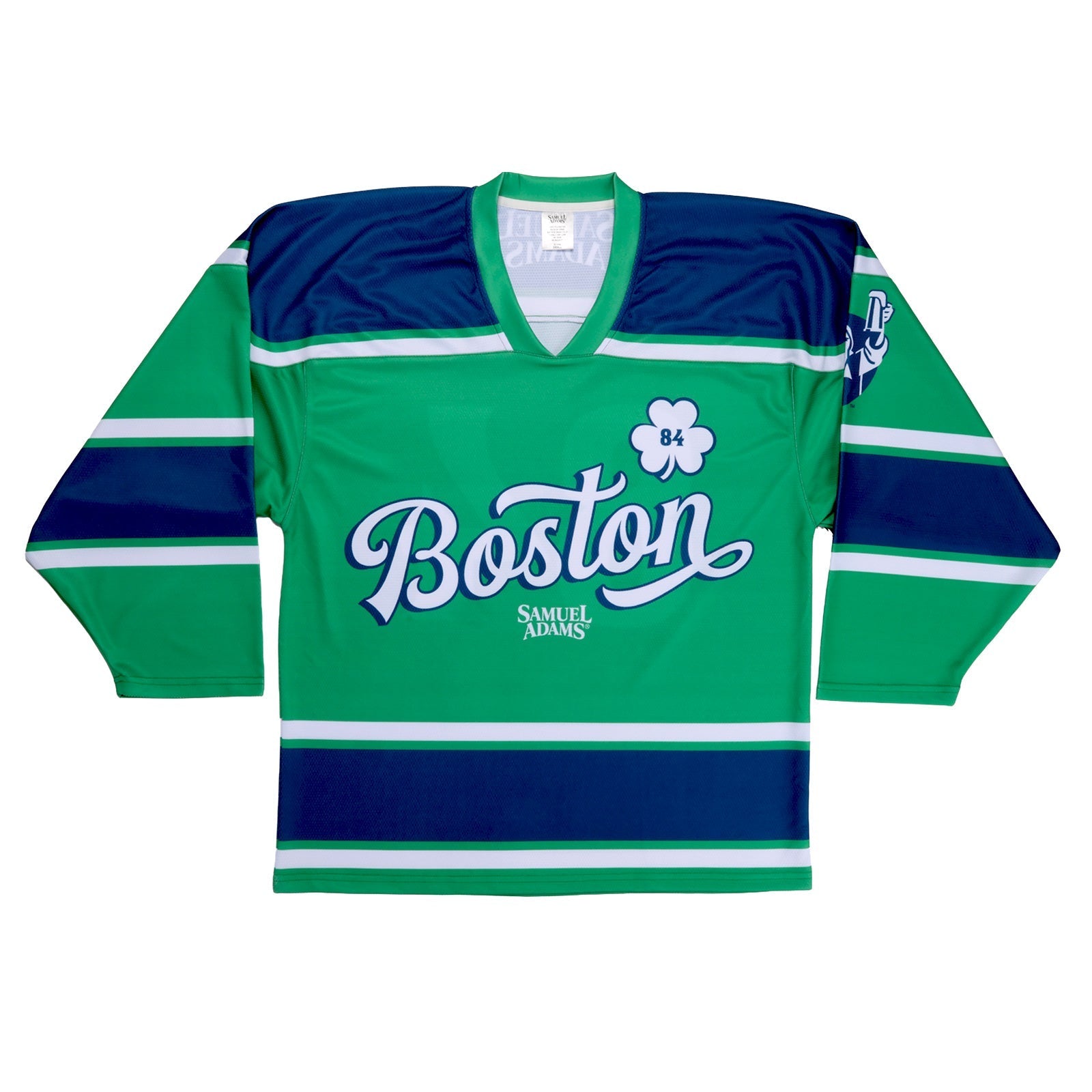 Green and navy hockey jersey with Boston text and shamrock with number eighty four inside