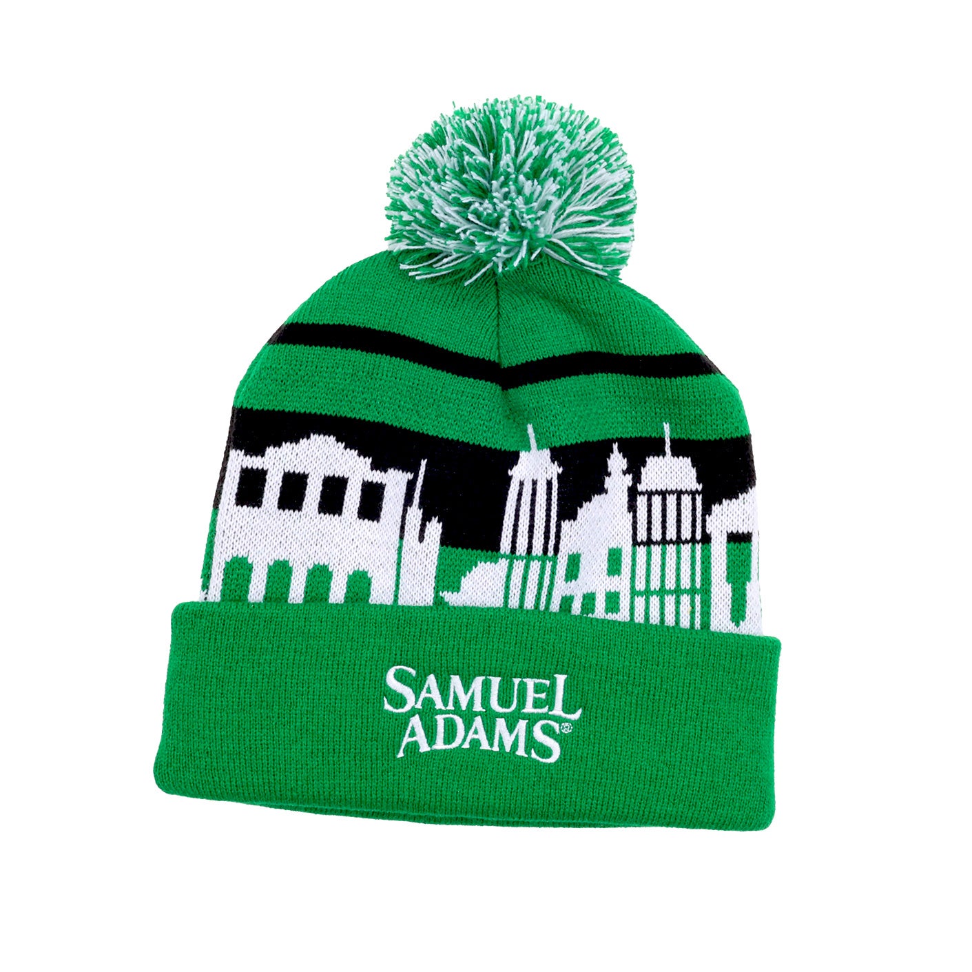 Green beanie with black horizontal stripe and white Boston Skyline. White Samuel Adams text