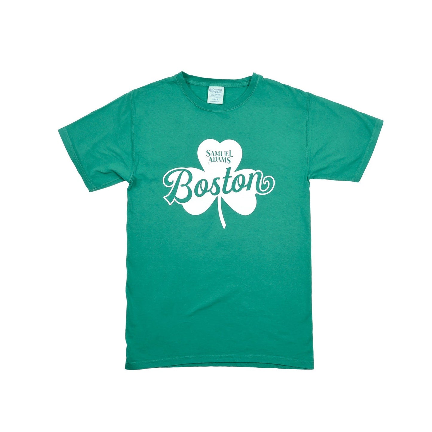 Green t-shirt with 'Boston' and shamrock design on a white background