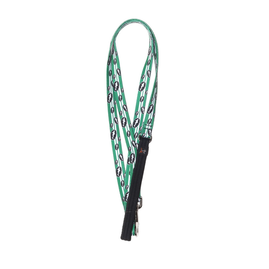 A Green Retro 6' Dog Leash by Lupine, Inc. with a repeating black-and-white oval pattern and black accents, displayed against a plain white background.