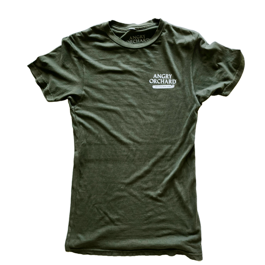 Solid green tee with writing "Angry Orchard Walden, NY" on left side of chest. 