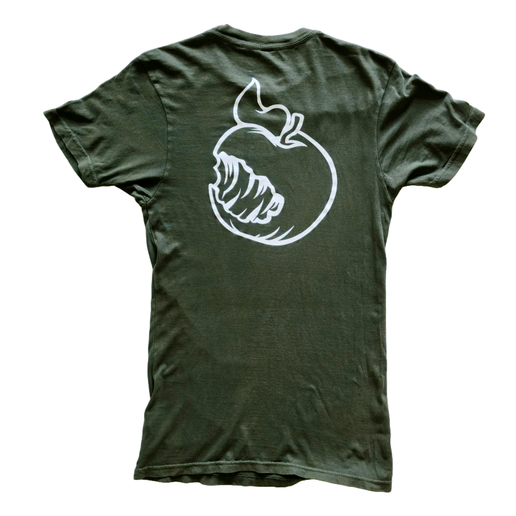Back of tee displays a large, white silhouette of the iconic Angry Orchard bitten apple.