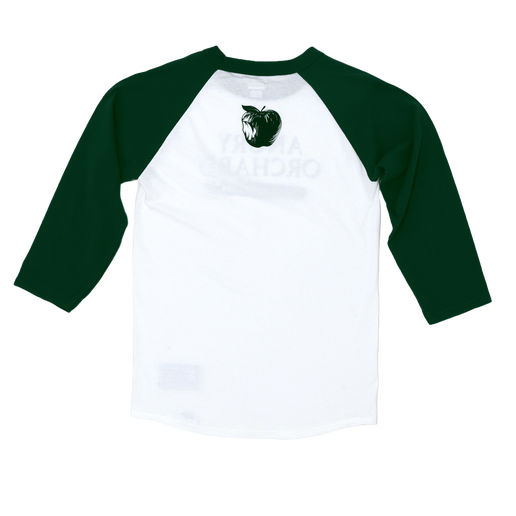 Back of the tee is solid white with green sleeves and displays a matching green apple near the neck area.