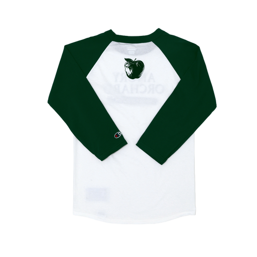 Back of the tee is solid white with green sleeves and displays a matching green apple near the neck area.