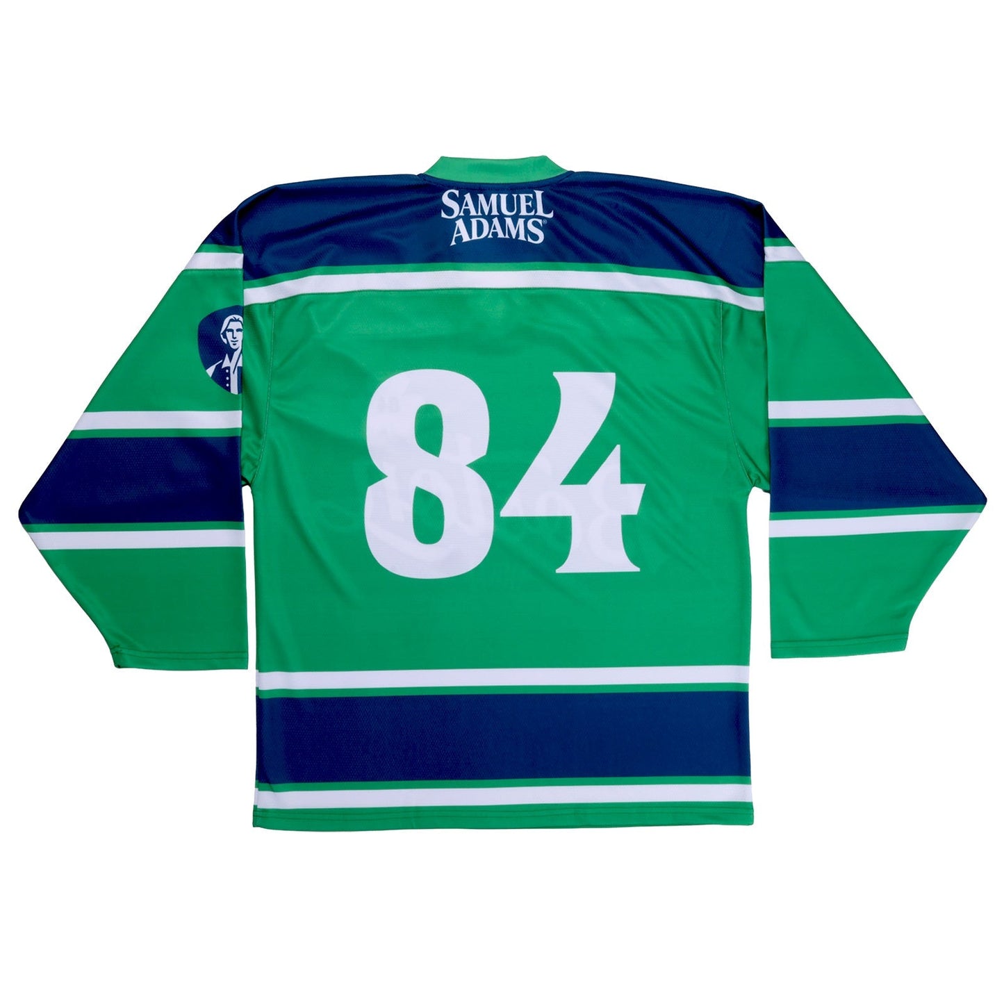 Green and navy hockey jersey with Samuel Adams logo below neckline, large number eighty four on back