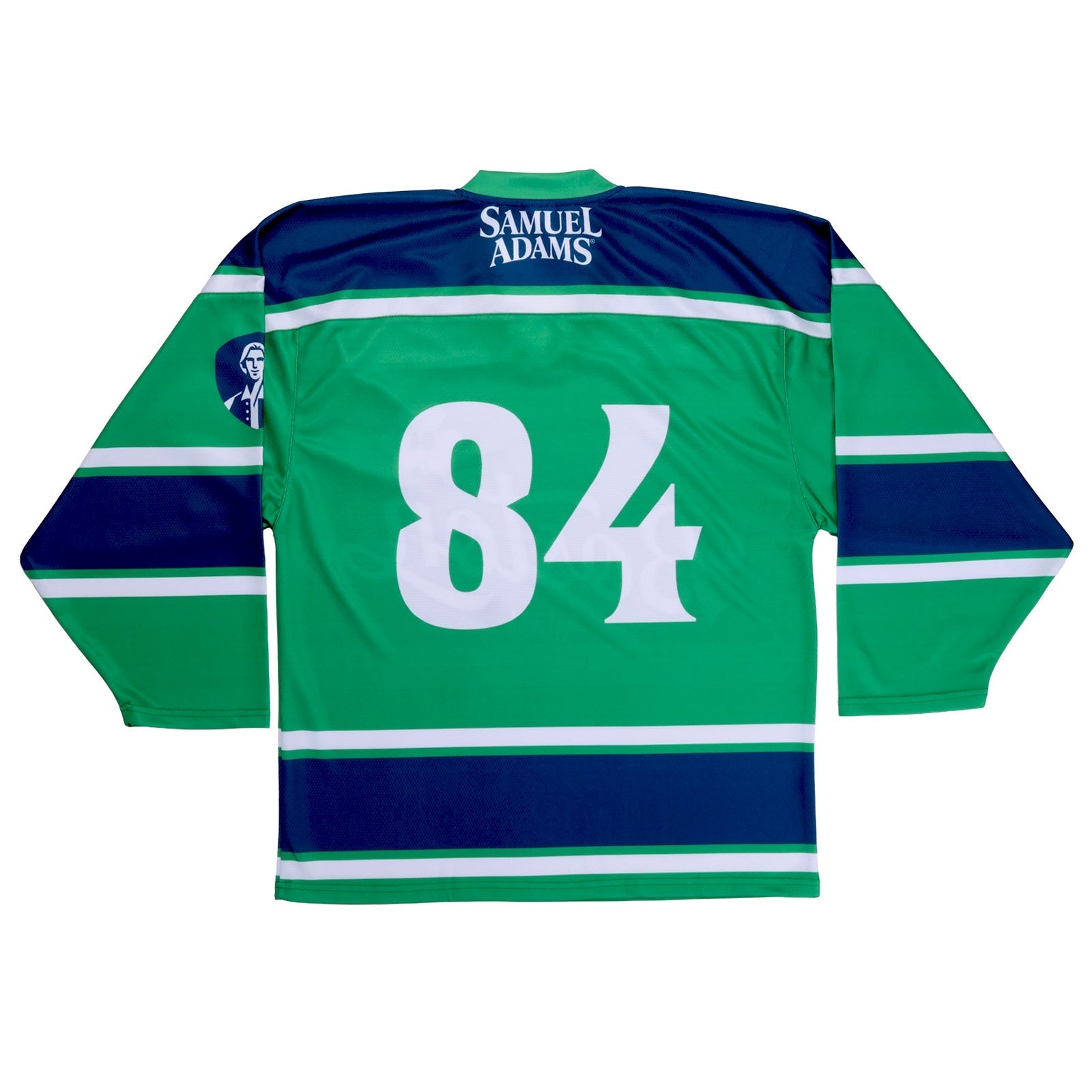 Green and navy hockey jersey with Samuel Adams logo below neckline, large number eighty four on back