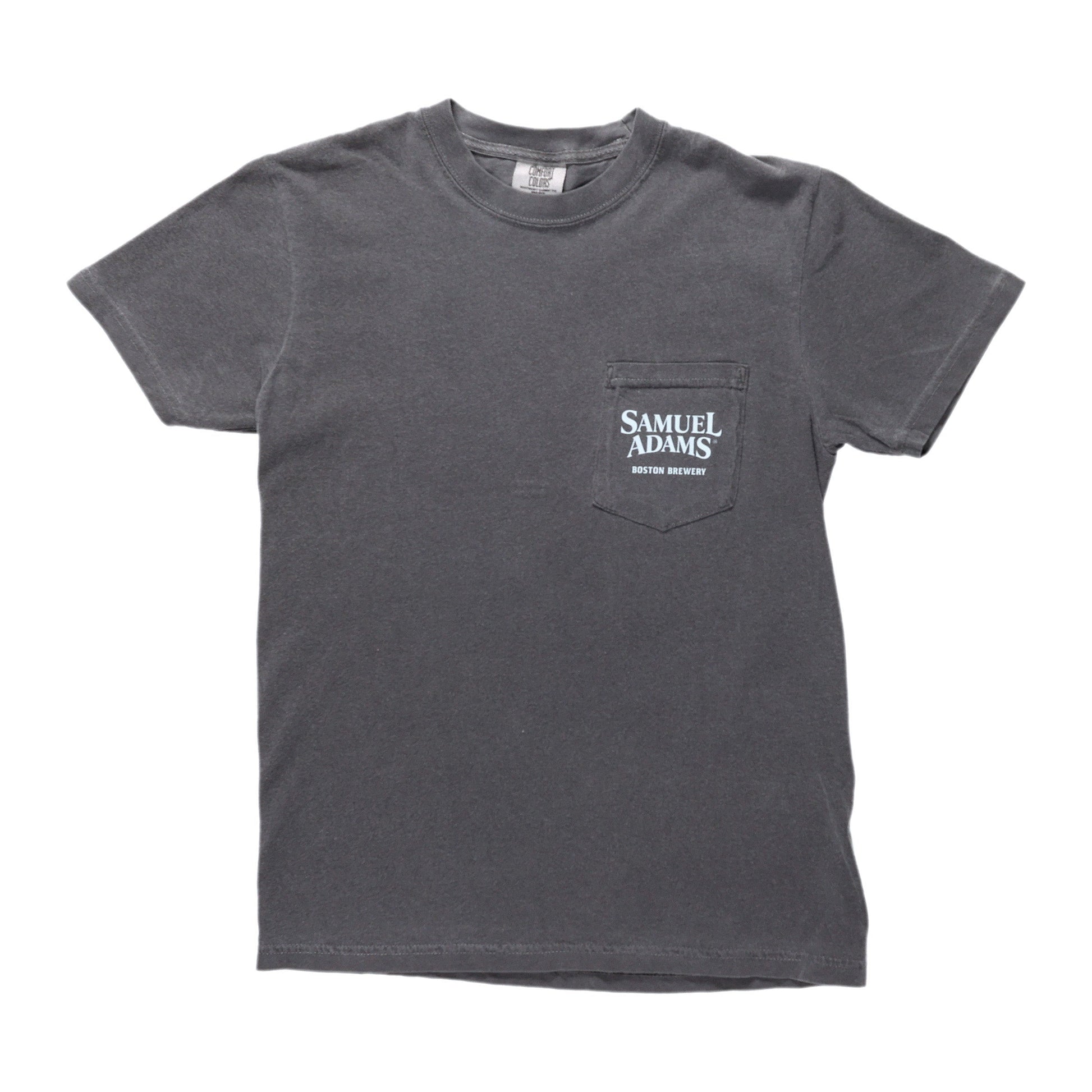 The front of this weathered dark grey tee features a pocket on the top left with the Samuel Adams logo in white.