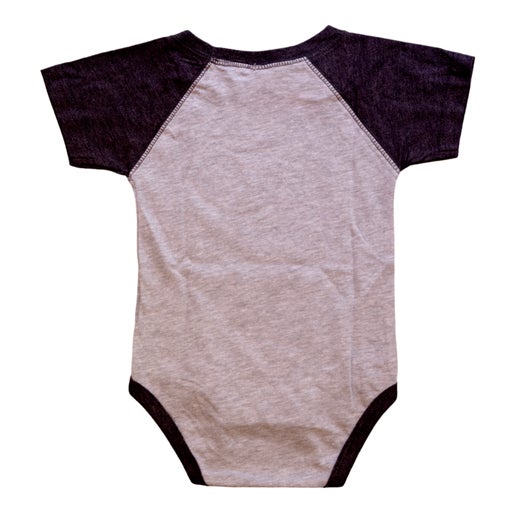 Back view of the grey onesie, navy at the shoulders and lining by the legs.