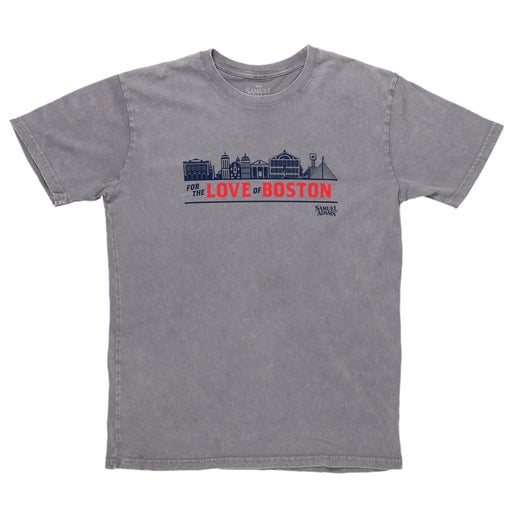 A Grey Mineral Wash Tee Shirt with the "For the love of Boston" design on the front in navy blue and red.