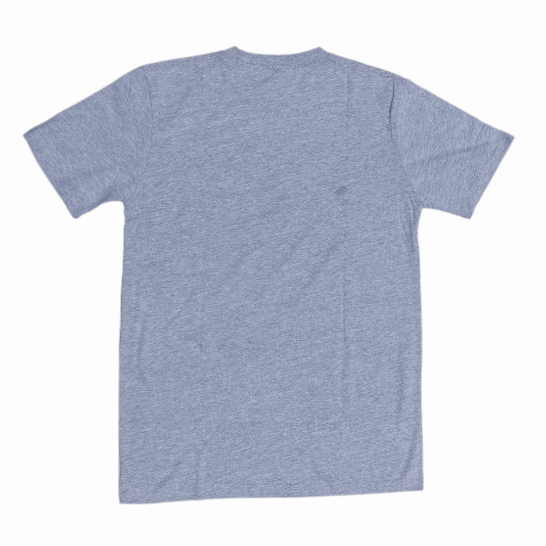 Back of tee is solid grey.