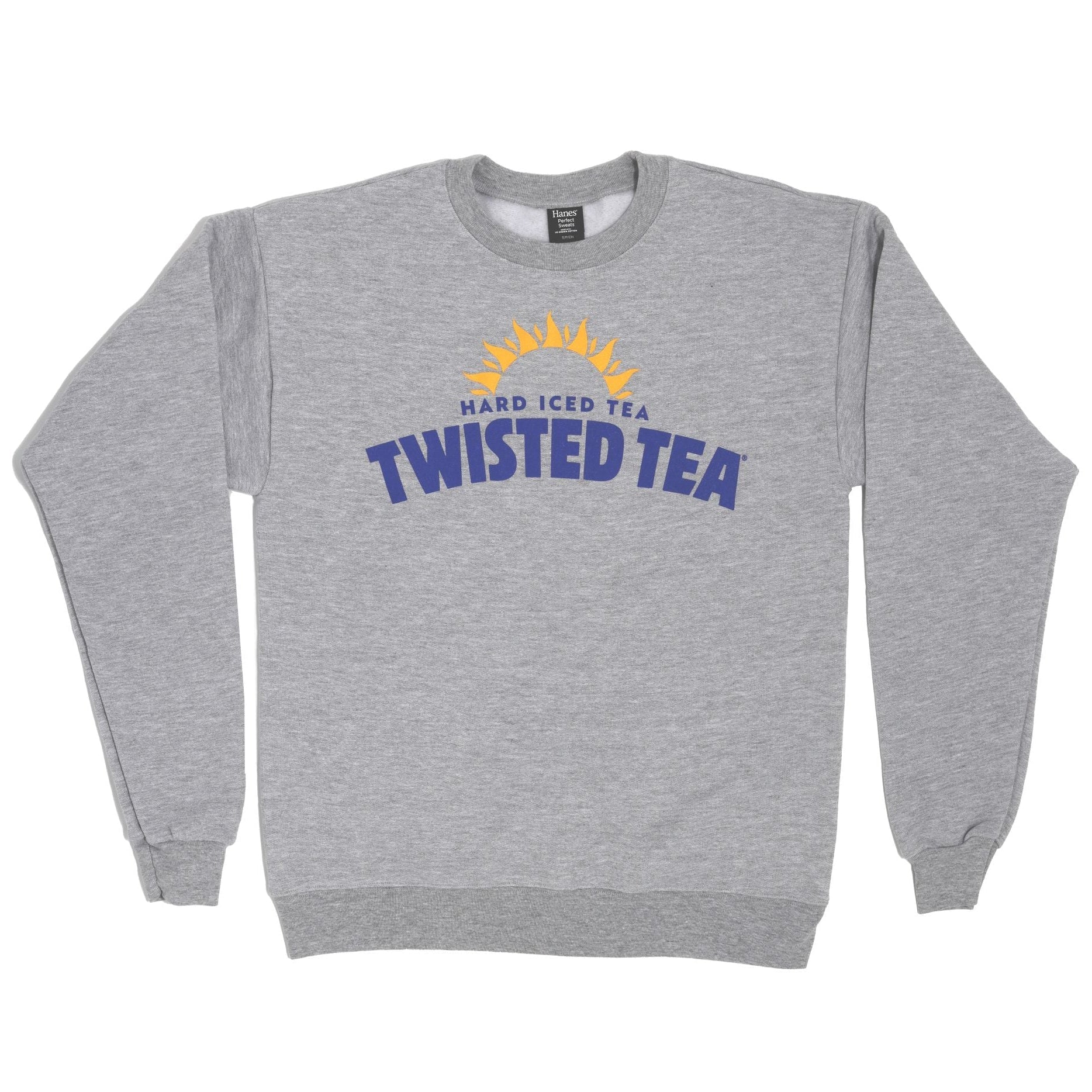 Gray sweatshirt with Twisted Tea logo on a white background