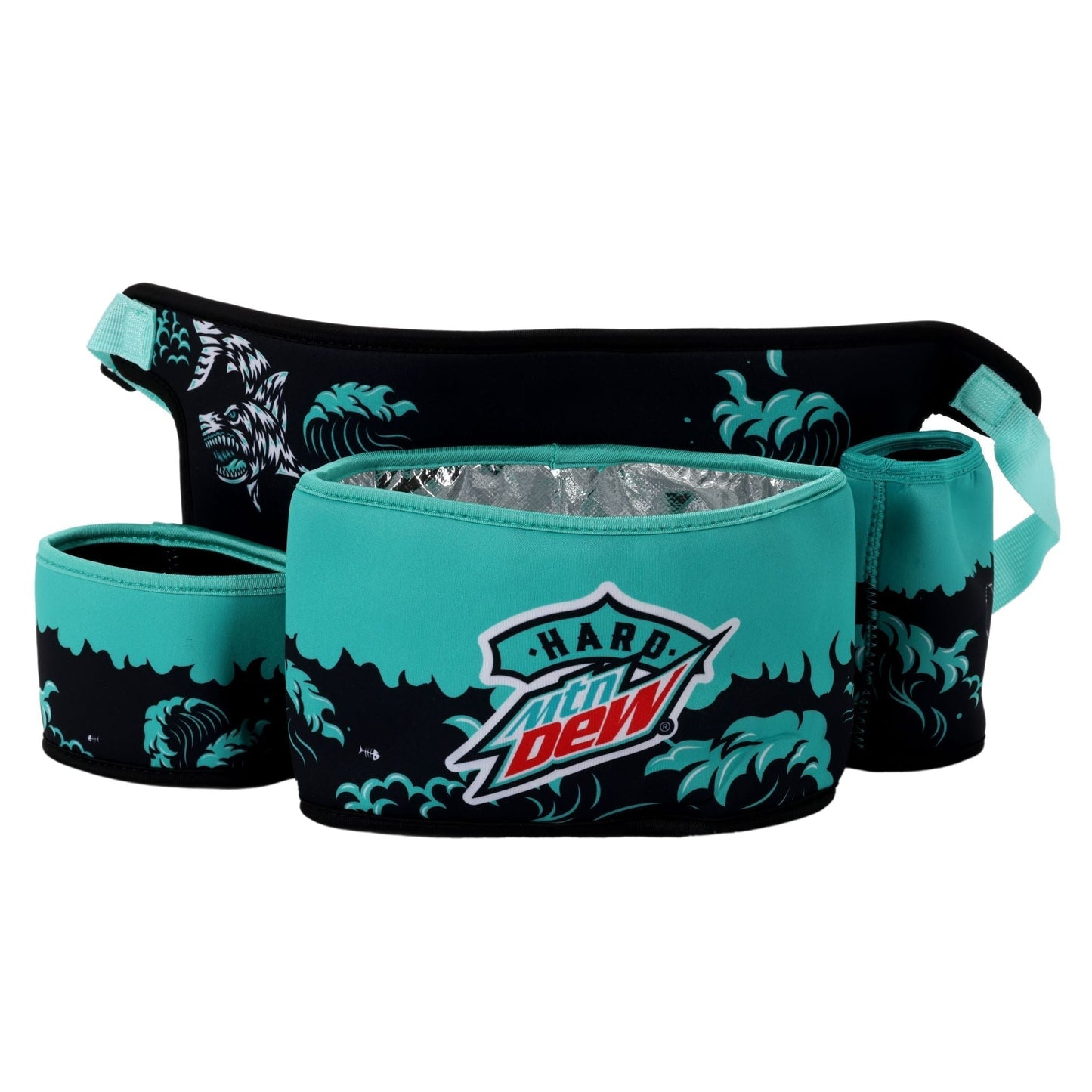 A black fanny pack with a teal adjustable strap and buckle. The main pouch of the fanny pack is black with a pattern of teal waves and a stylized white shark on the left side. The front features three pockets with teal tops designed to look like waves. The central pocket has the "HARD MTN DEW" logo in teal and red.