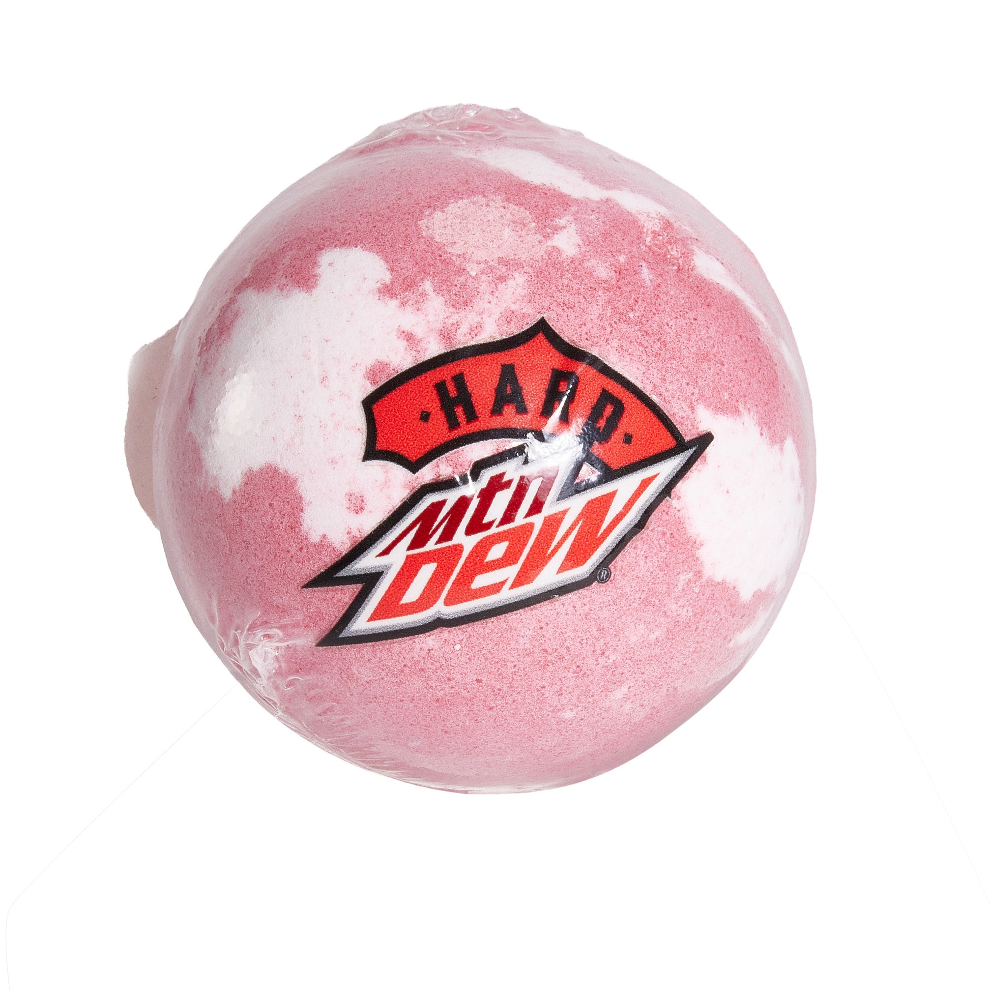 A pink and white marbled bath bomb wrapped in clear plastic, featuring a printed Hard Mtn Dew logo on the surface. The sphere has a soft, powdery texture with visible marbling and a smooth, rounded shape.