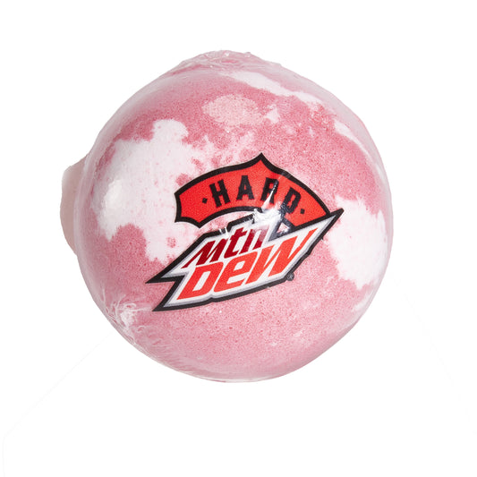 A pink and white marbled bath bomb wrapped in clear plastic, featuring a printed Hard Mtn Dew logo on the surface. The sphere has a soft, powdery texture with visible marbling and a smooth, rounded shape.