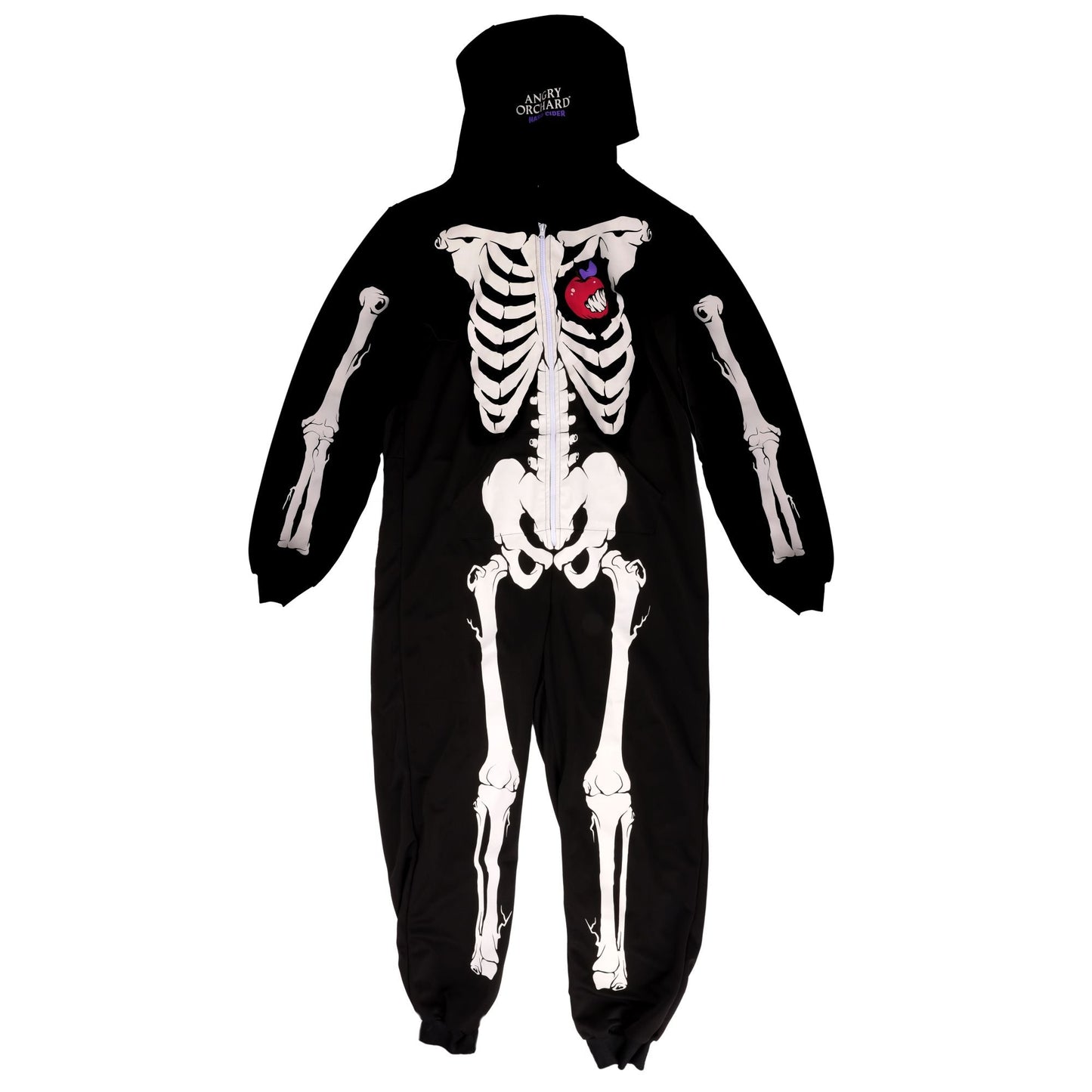 Black onesie with full skeleton on the front with the iconic Angry Orchard bitten red apple in place of a heart. 
