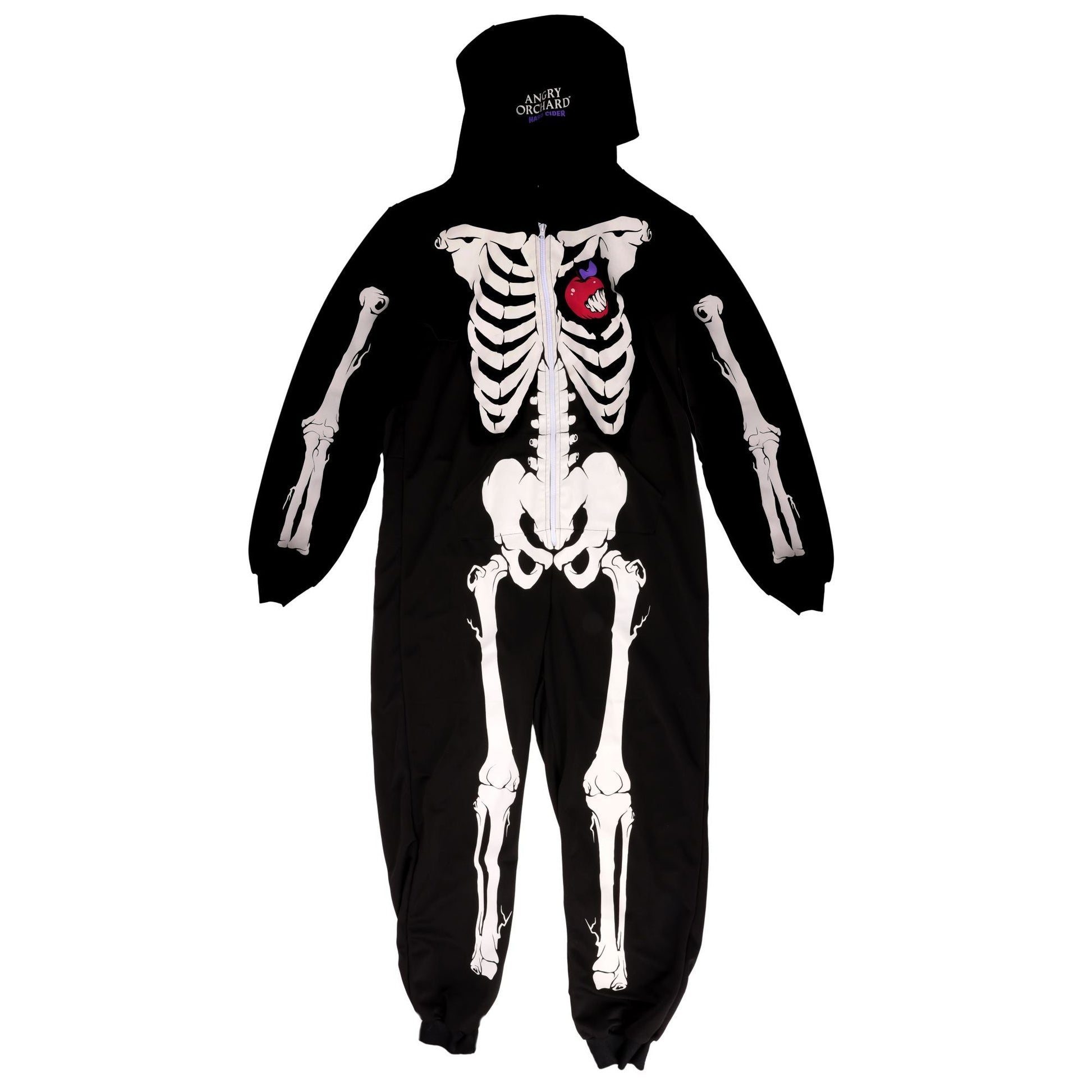 Black onesie with full skeleton on the front with the iconic Angry Orchard bitten red apple in place of a heart. 
