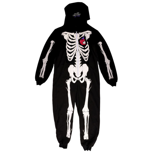 Black onesie with full skeleton on the front with the iconic Angry Orchard bitten red apple in place of a heart. 