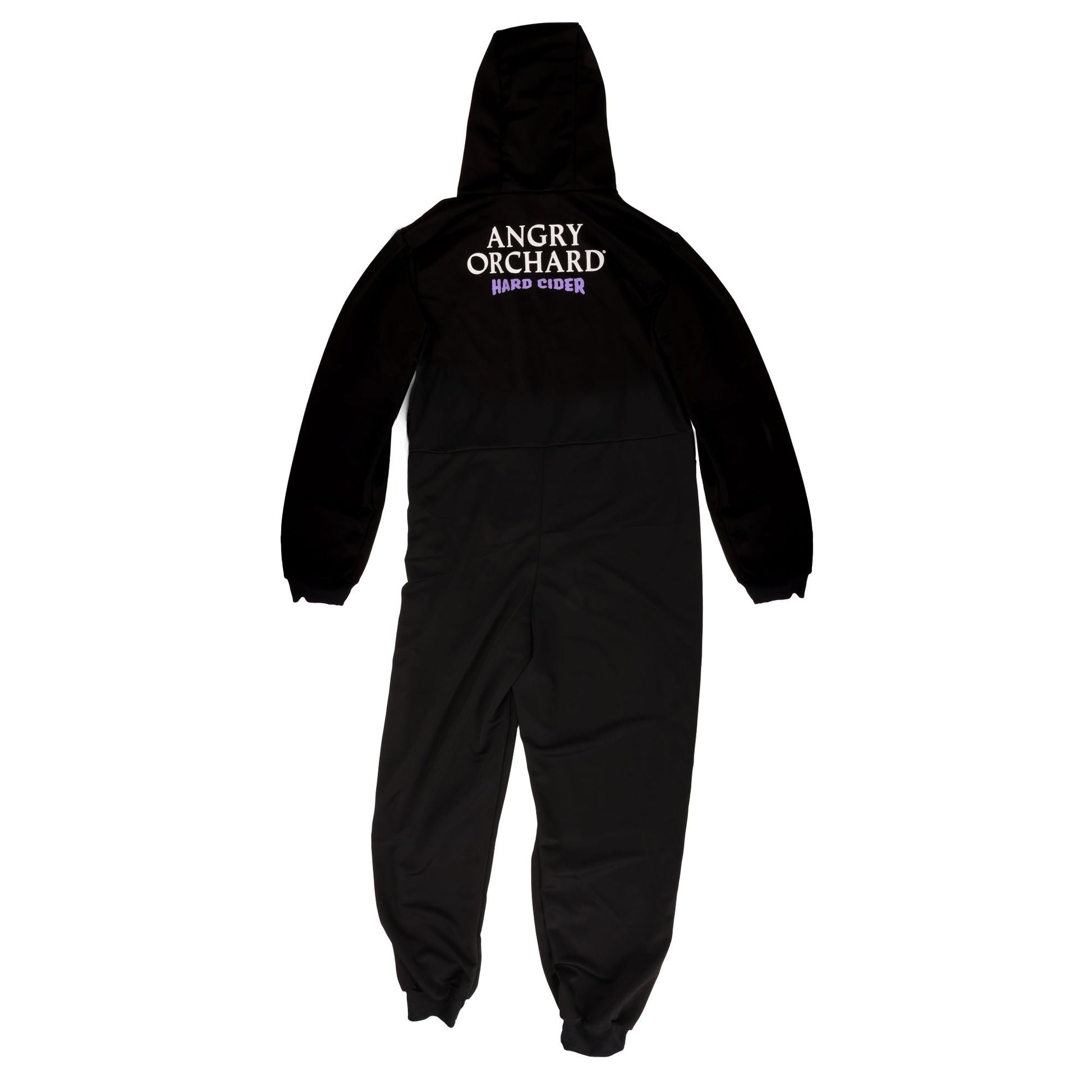 Back of onesie features writing "Angry Orchard" in white and writing "Hard Cider" in purple underneath hood. 