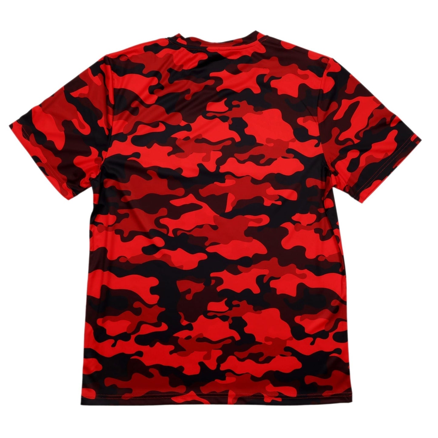 Rear view of a Hard Mtn Dew Code Red running short sleeve tee, showing the full red and black camouflage pattern without any branding.