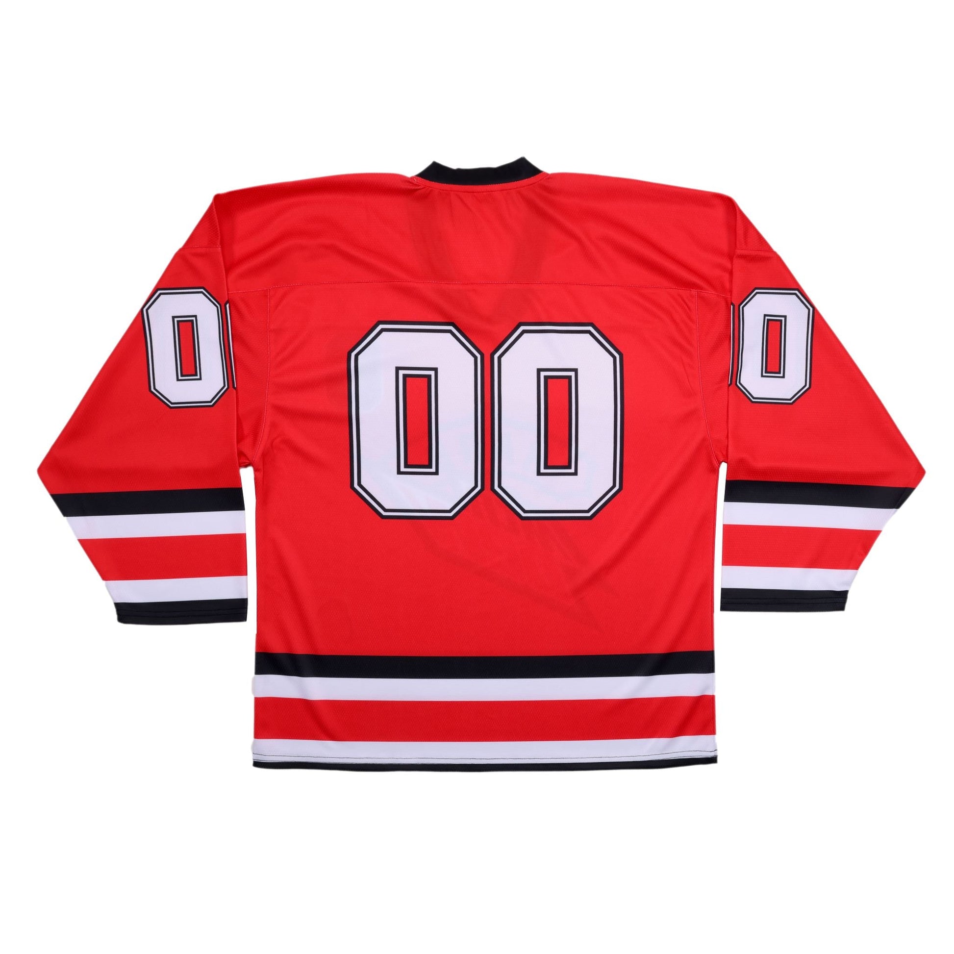 The reverse side of a red hockey jersey, laid flat. A large, prominent '00' in white with a black outline is centered on the upper back. The number '0' in white with a black outline is also visible on both shoulders. Black and white stripes accent the lower sleeves.