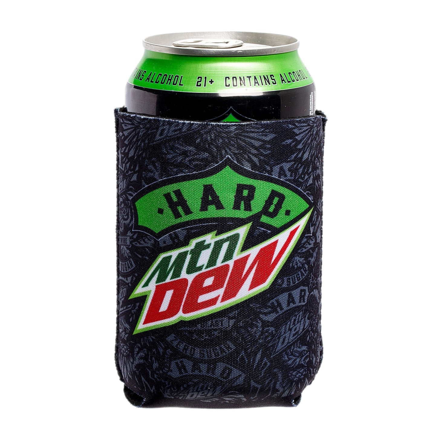 Black soft 12 ounce can cooler with Hard MTN DEW logo.