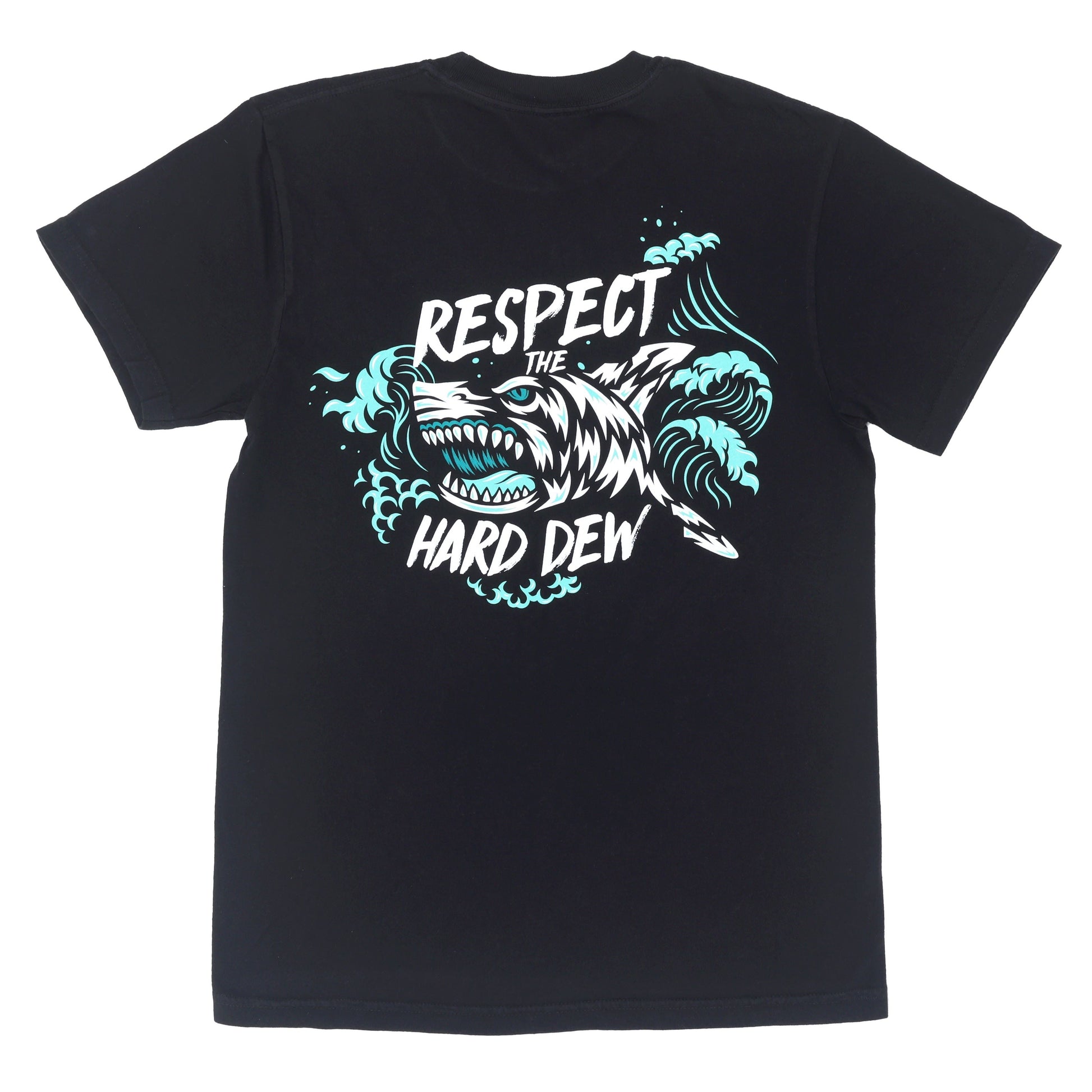 Back flat lay of a black Hard Mountain Dew tee shirt featuring a teal, white, and black shark emerging from crashing waves. The design includes stylized text reading 'Respect the Hard Dew' around the center shark illustration.