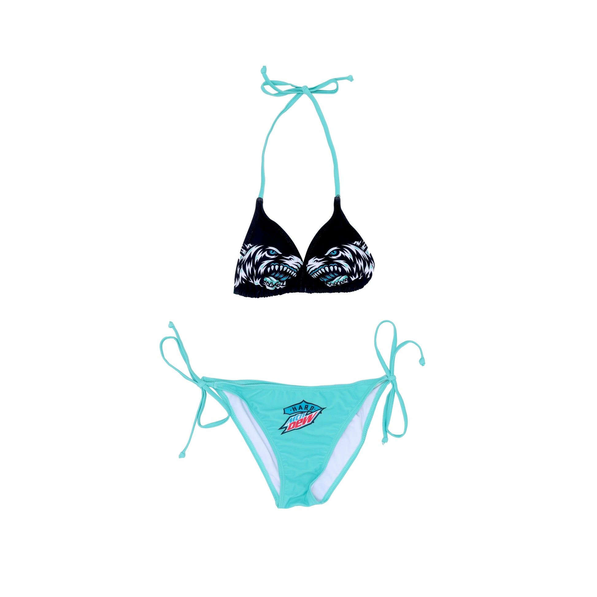 Hard Mountain Dew Baja Blast string bikini. The top is black with each cup featuring a front profile view of white, black, and teal sharks facing each other. The tie strings on the top are teal. The bottoms are teal with a Hard Mountain Dew logo in teal, white, black, and red on the front.