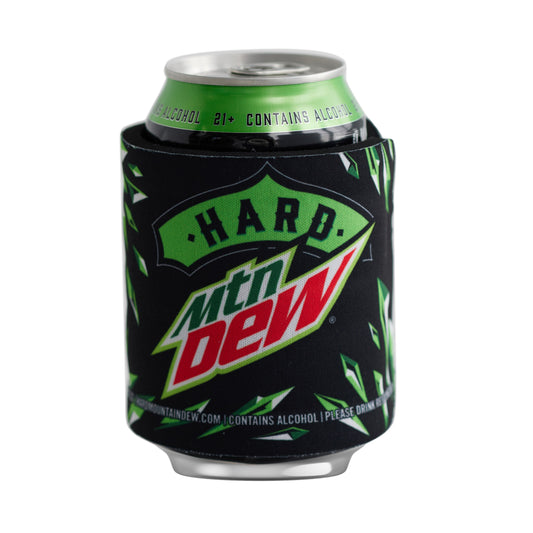 Front view of a Hard Mountain Dew slap-style can cooler featuring a white and green eagle design on a black background, with the Hard Mountain Dew logo prominently displayed.