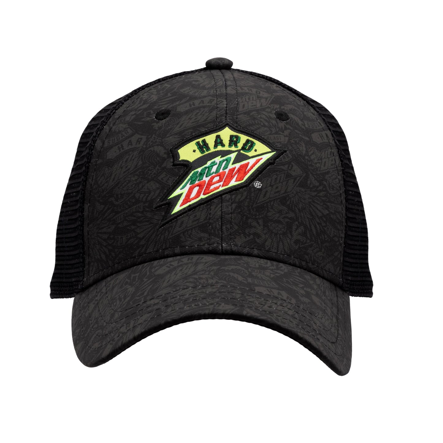 Front view of a black trucker hat with mesh panels, featuring a tonal Hard Mountain Dew logo pattern printed across the front and on the bill. The Hard Mountain Dew logo is embroidered prominently over the printed pattern.