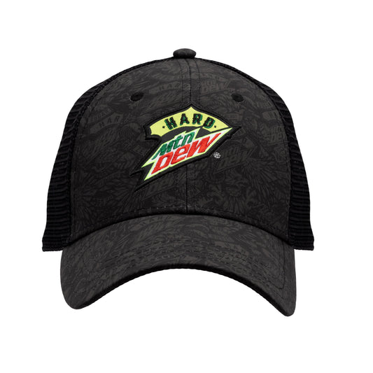 Front view of a black trucker hat with mesh panels, featuring a tonal Hard Mountain Dew logo pattern printed across the front and on the bill. The Hard Mountain Dew logo is embroidered prominently over the printed pattern.