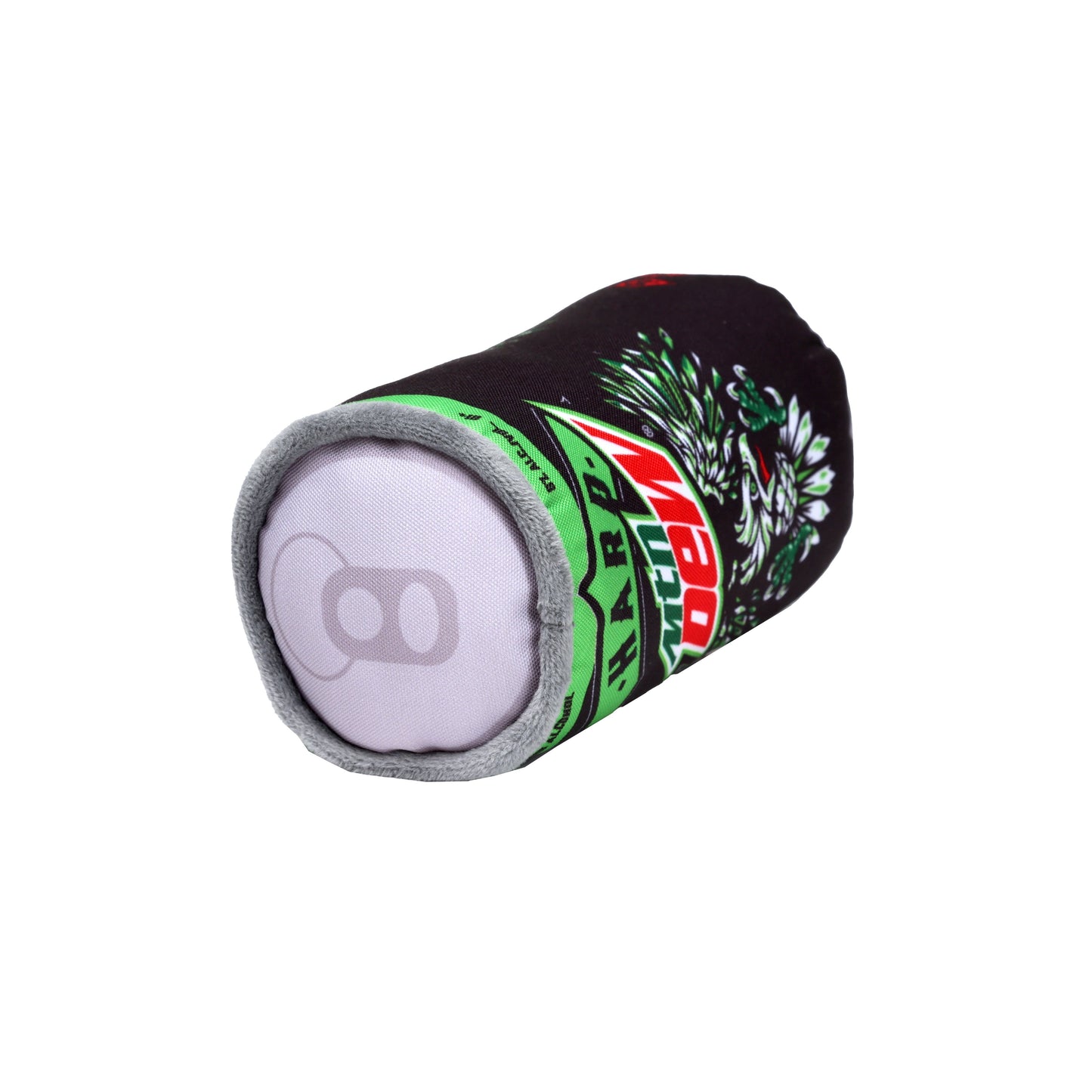 Side view of dog toy in the shape of a Hard Mountain Dew can. Hard Mountain Dew can artwork. 