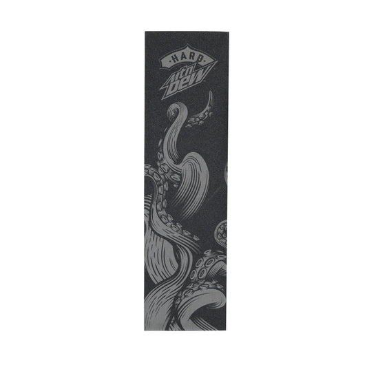Black and grey skateboard grip tape featuring an octopus tentacle arm design and the Hard Mountain Dew logo. 