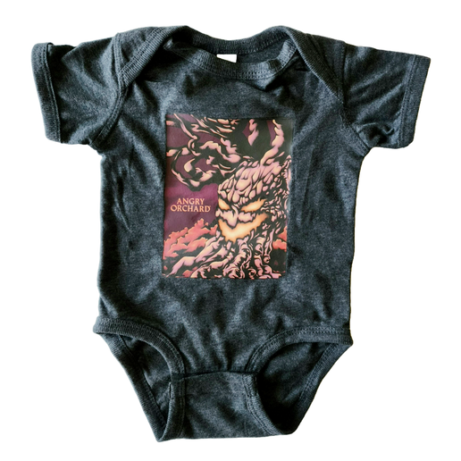 Front of black onesie with image of "haunted tree" and writing "Angry Orchard". Tree is made to look like it has a face - like a jack-o-lantern. 
