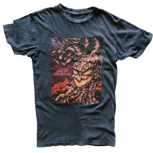 Front of black tee with image of "haunted tree" and writing "Angry Orchard". Tree is made to look like it has a face - like a jack-o-lantern. 