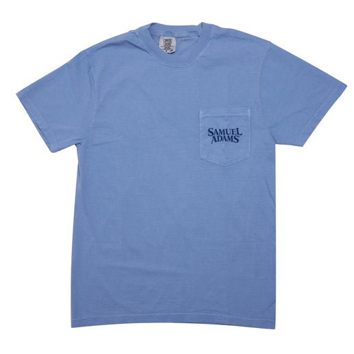Blue tee with pock on left side of tee. Pocket features written "Samuel Adams" logo.